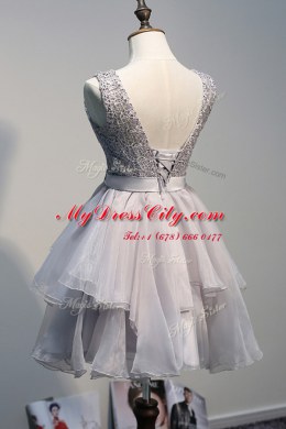Unique Organza and Lace Scoop Sleeveless Lace Up Beading Dress for Prom in Grey