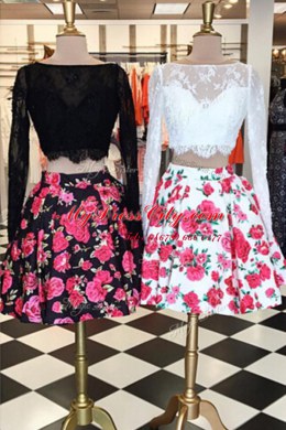 Multi-color A-line Bateau Long Sleeves Lace Knee Length Zipper Lace and Pattern Cocktail Dresses