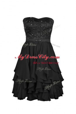 Perfect Strapless Sleeveless Prom Gown Knee Length Beading and Appliques Black Chiffon