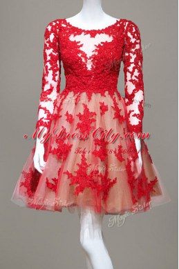 A-line Evening Dress Red Scoop Lace Long Sleeves Knee Length Zipper