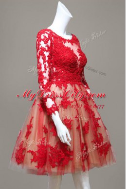 A-line Evening Dress Red Scoop Lace Long Sleeves Knee Length Zipper