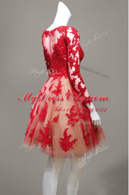 A-line Evening Dress Red Scoop Lace Long Sleeves Knee Length Zipper