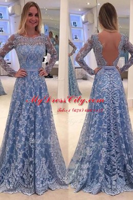 Scoop Blue Backless Dress for Prom Lace Long Sleeves Sweep Train