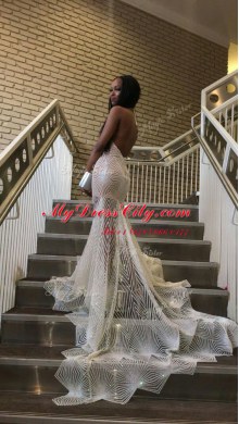 Decent Mermaid Halter Top Silver Backless Evening Dress Lace Sleeveless Court Train