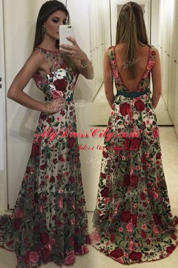 Multi-color A-line Scoop Sleeveless Lace With Train Sweep Train Backless Lace and Pattern Dress for Prom