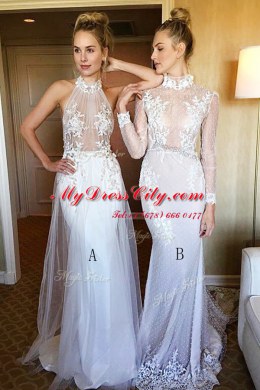 Suitable Mermaid White Tulle and Lace Lace Up High-neck Long Sleeves Prom Evening Gown Sweep Train Lace