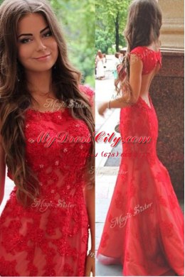 Mermaid Scoop Cap Sleeves With Train Lace and Appliques Backless Homecoming Dress with Red Sweep Train