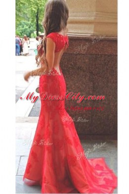 Mermaid Scoop Cap Sleeves With Train Lace and Appliques Backless Homecoming Dress with Red Sweep Train