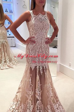 Mermaid Scoop Champagne Zipper Homecoming Dress Lace and Appliques Sleeveless Sweep Train