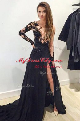 Black Zipper Prom Gown Lace and Appliques Long Sleeves Brush Train