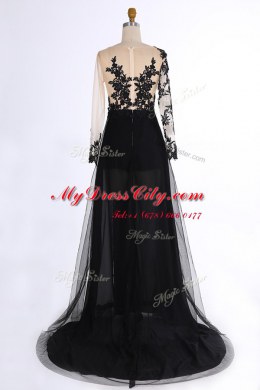 Black Zipper Prom Gown Lace and Appliques Long Sleeves Brush Train