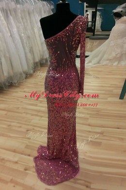 Mermaid Sequins Lilac Evening Party Dresses One Shoulder Long Sleeves Sweep Train Backless