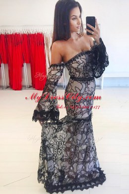 Mermaid Off the Shoulder Long Sleeves Lace Zipper Prom Evening Gown with Black Sweep Train