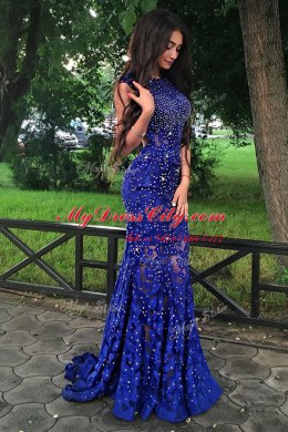 Lovely Mermaid Lace Scoop Sleeveless Sweep Train Backless Beading Evening Dress in Royal Blue