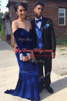 Mermaid Bateau Long Sleeves Satin Prom Gown Lace Sweep Train Zipper