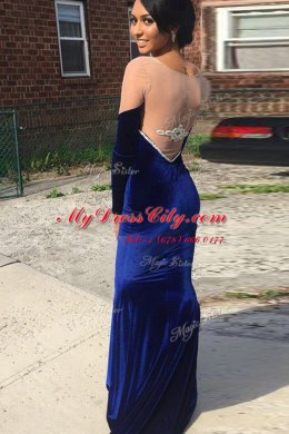 Mermaid Bateau Long Sleeves Satin Prom Gown Lace Sweep Train Zipper