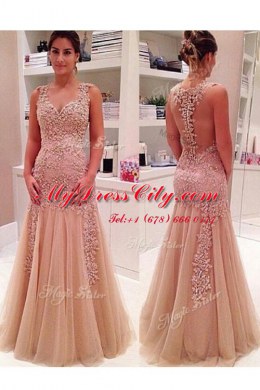 Glamorous Peach Mermaid Tulle V-neck Sleeveless Beading and Appliques Floor Length Zipper Prom Dresses