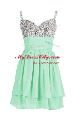 Sleeveless Chiffon Mini Length Zipper Dress for Prom in Apple Green with Beading and Ruching
