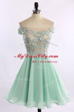 Off the Shoulder Cap Sleeves Mini Length Beading and Appliques Zipper Prom Dress with Apple Green