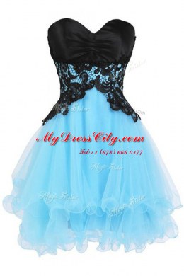 Sweet Blue And Black Sleeveless Tulle Lace Up Prom Gown for Prom and Party