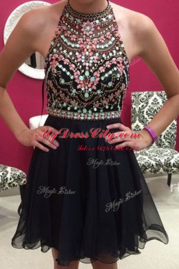 Flare Halter Top Chiffon Sleeveless Mini Length Dress for Prom and Beading