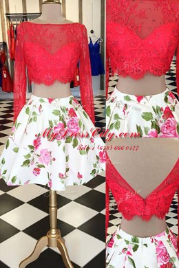 Lace Knee Length Multi-color Prom Dress Bateau Long Sleeves Zipper