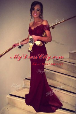 Off the Shoulder Burgundy Backless Prom Dresses Lace Short Sleeves Brush Train