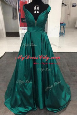 Off the Shoulder Sleeveless Sweep Train Zipper Pleated Prom Gown