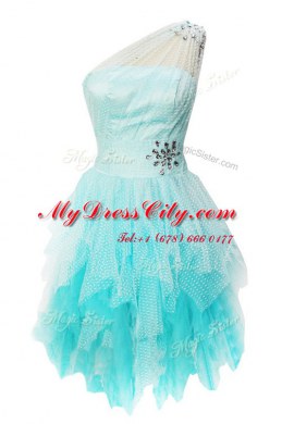 One Shoulder Aqua Blue Sleeveless Beading Knee Length Prom Dresses