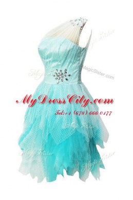 One Shoulder Aqua Blue Sleeveless Beading Knee Length Prom Dresses