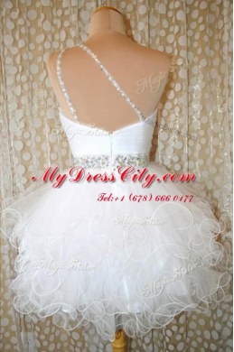 Popular One Shoulder White Sleeveless Mini Length Beading Zipper Evening Dress