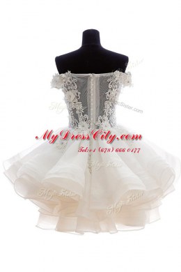 White Organza and Lace Zipper Off The Shoulder Sleeveless Knee Length Prom Dresses Beading