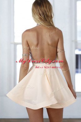 Edgy Peach Chiffon Backless Halter Top Sleeveless Mini Length Prom Dresses Beading