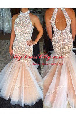 Clearance Mermaid Peach High-neck Neckline Beading Dress for Prom Sleeveless Zipper
