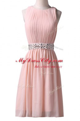 Scoop Beading Prom Dresses Pink Lace Up Sleeveless Knee Length