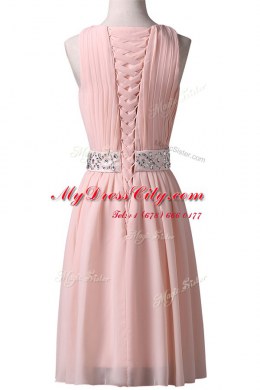 Scoop Beading Prom Dresses Pink Lace Up Sleeveless Knee Length
