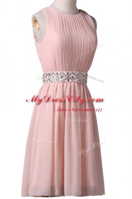 Scoop Beading Prom Dresses Pink Lace Up Sleeveless Knee Length