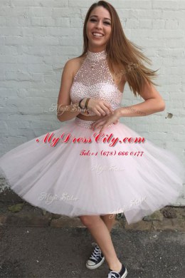 Glamorous Pink Tulle Zipper Prom Dresses Sleeveless Mini Length Beading