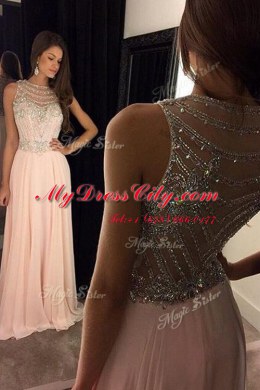Beautiful Scoop Pink Sleeveless Beading Criss Cross Prom Dress