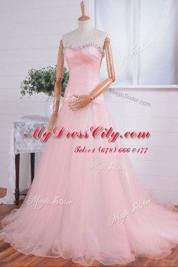 Amazing Pink Zipper Dress for Prom Beading and Ruching Sleeveless With Train Sweep Train
