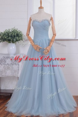 Amazing Pink Zipper Dress for Prom Beading and Ruching Sleeveless With Train Sweep Train