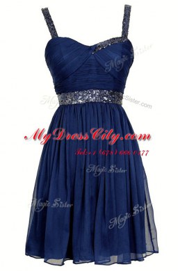 Sequins A-line Navy Blue Straps Chiffon Sleeveless Knee Length Zipper