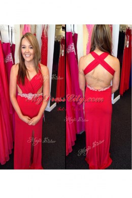 Floor Length Red Prom Dress Chiffon Sleeveless Beading