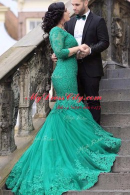 Green Mermaid V-neck Long Sleeves Tulle With Train Chapel Train Lace Up Beading and Appliques Prom Party Dress