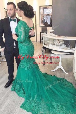 Green Mermaid V-neck Long Sleeves Tulle With Train Chapel Train Lace Up Beading and Appliques Prom Party Dress