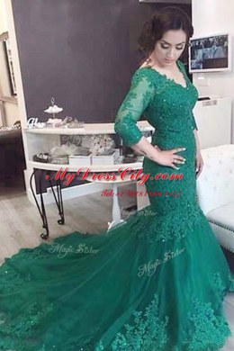 Green Mermaid V-neck Long Sleeves Tulle With Train Chapel Train Lace Up Beading and Appliques Prom Party Dress
