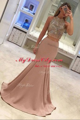 New Arrival Mermaid Scoop With Train Zipper Prom Gown Peach for Prom with Beading Sweep Train