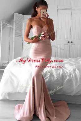 Custom Fit Mermaid Pink Zipper Prom Gown Lace Sleeveless Sweep Train