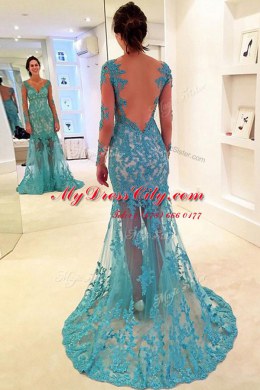 Sweet Mermaid Blue Long Sleeves Lace Brush Train Backless Prom Dresses for Prom