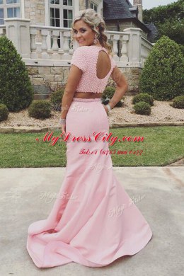 Simple Mermaid Scoop Sleeveless Satin Sweep Train Backless Prom Dresses in Rose Pink with Ruching